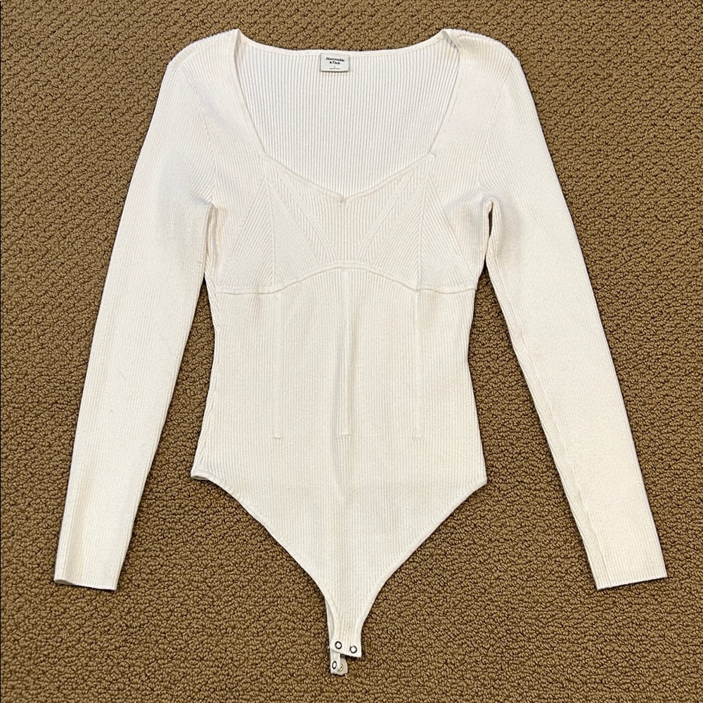 Abercrombie & Fitch Corset Sweetheart Sweater Bodysuit Large Cream Long Sleeves